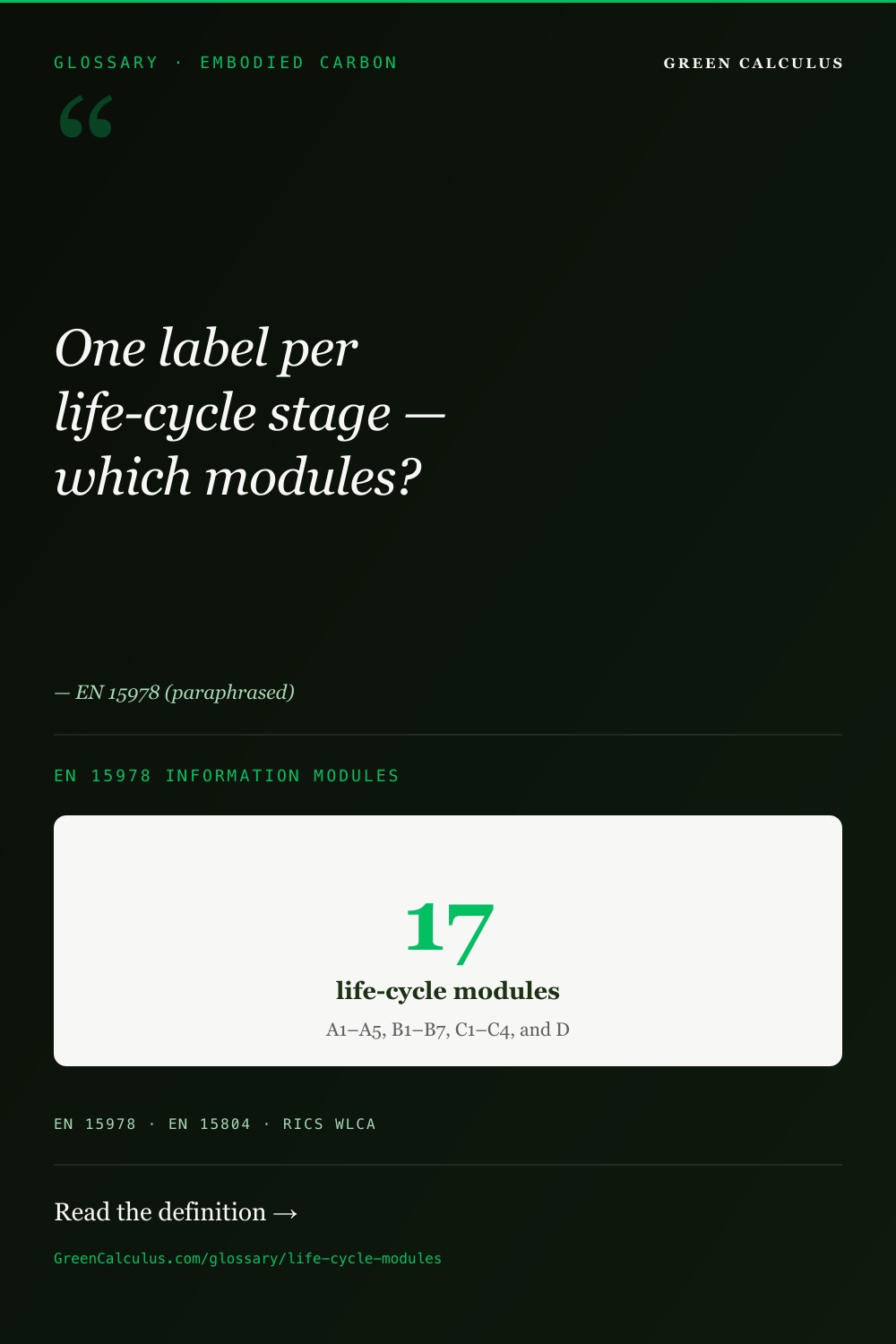 Life-Cycle Stages (Modules A1&ndash;D) &mdash; GreenCalculus.com