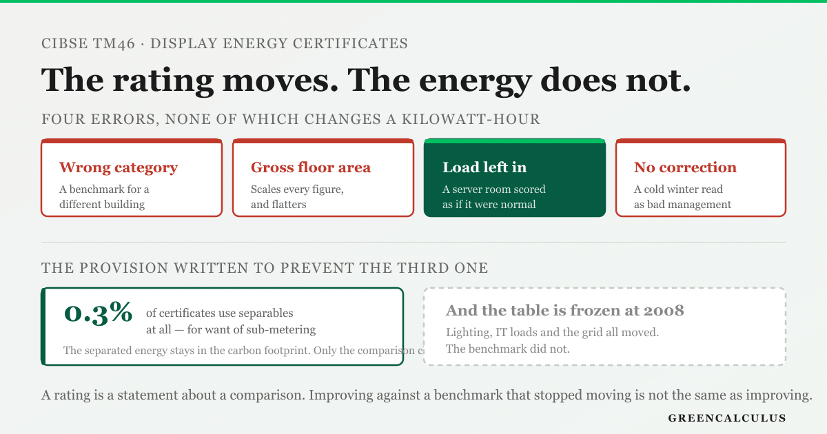 An operational rating is a comparison rather than a measurement, and that distinction decides everything about how one should be read. The building consumes what it consumes; the score changes when the comparison changes. Every error that distorts a Display Energy Certificate does exactly that and nothing else: allocating the building to the wrong TM46 category compares its consumption against a benchmark belonging to a different kind of building; taking a gross floor area rather than the useful floor area defined by the standard inflates the denominator of every intensity figure at once and flatters the result; leaving an atypical load such as a server room or a commercial kitchen inside the benchmark comparison scores the building as though that load were normal for its category; omitting the fifteen point five degree heating degree-day correction reads a cold winter as poor management, while applying that same correction to electricity, which the standard does not weather-correct, inflates the electricity benchmark instead. Not one of those errors alters a single kilowatt-hour of consumption. The separables provision exists precisely to prevent the third of them, and analysis of the national certificate database found only around three certificates in every thousand make any use of it, for want of sub-metering and awareness rather than unwillingness. Separating a qualifying load is one of the few legitimate ways to improve a certificate without changing actual consumption. Underneath all of it sits a structural limit nobody at the building can correct: the benchmark table itself was fixed in 2008 from stock data of that era and has never been revised, while lighting, IT loads and the carbon intensity of the electricity grid have all moved substantially since, so a genuinely efficient modern building can rate merely average because the benchmark did not move with the stock.