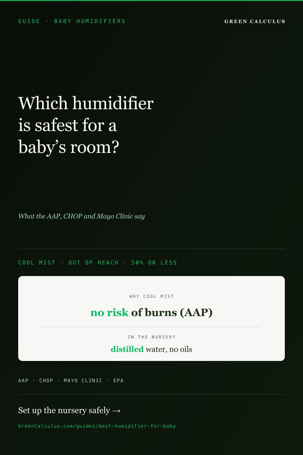 Dark green Pinterest pin, GUIDE BABY HUMIDIFIERS. Serif headline: Which humidifier is safest for a baby&rsquo;s room? What the AAP, CHOP and Mayo Clinic say. Cool mist, out of reach, 50% or less. Cream card: why cool mist, no risk of burns (AAP); in the nursery, distilled water, no oils.